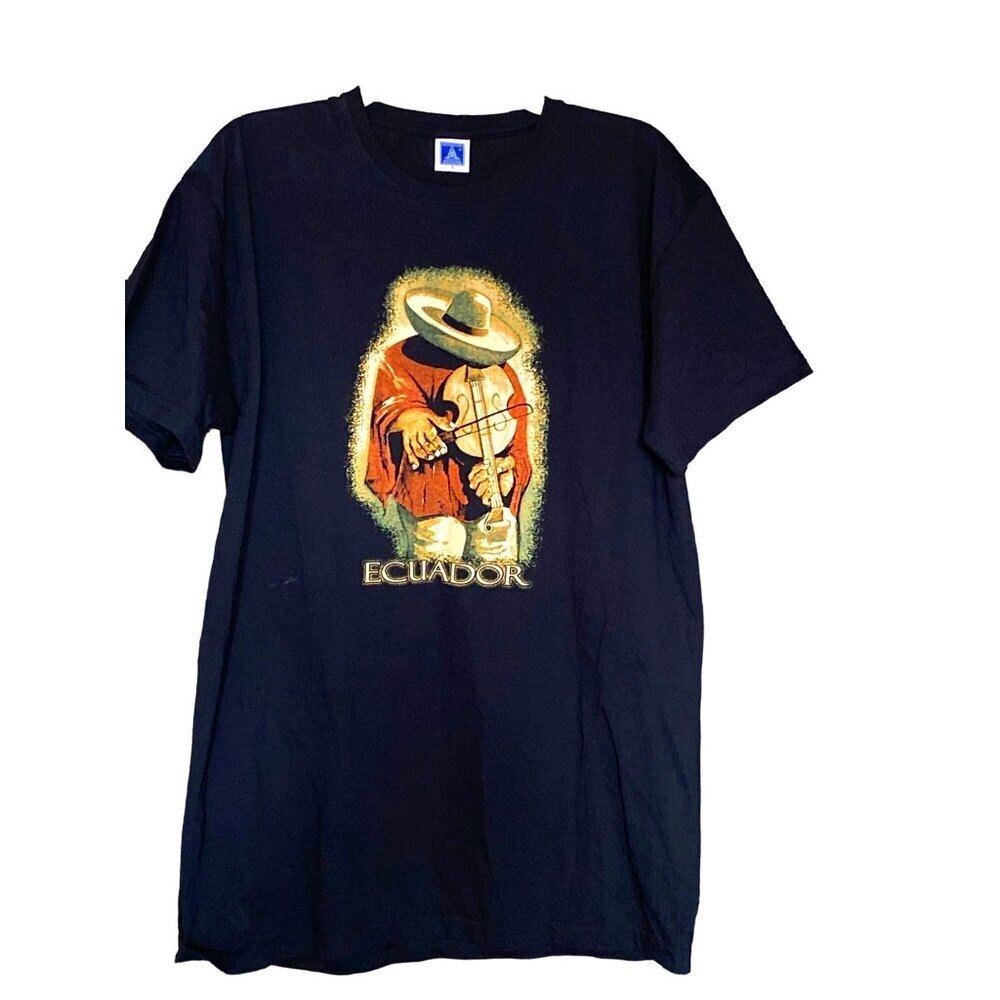 Painting of a native playing violin Ecuador hand printed black T-shirt men Large